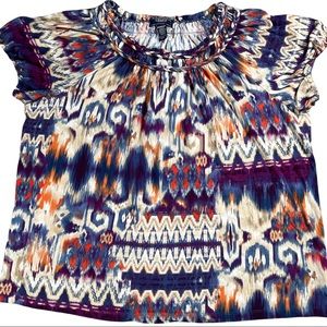 Chaps plus size 2X braided collar colorful shirt, elastic ruffle cuffs, keyhole